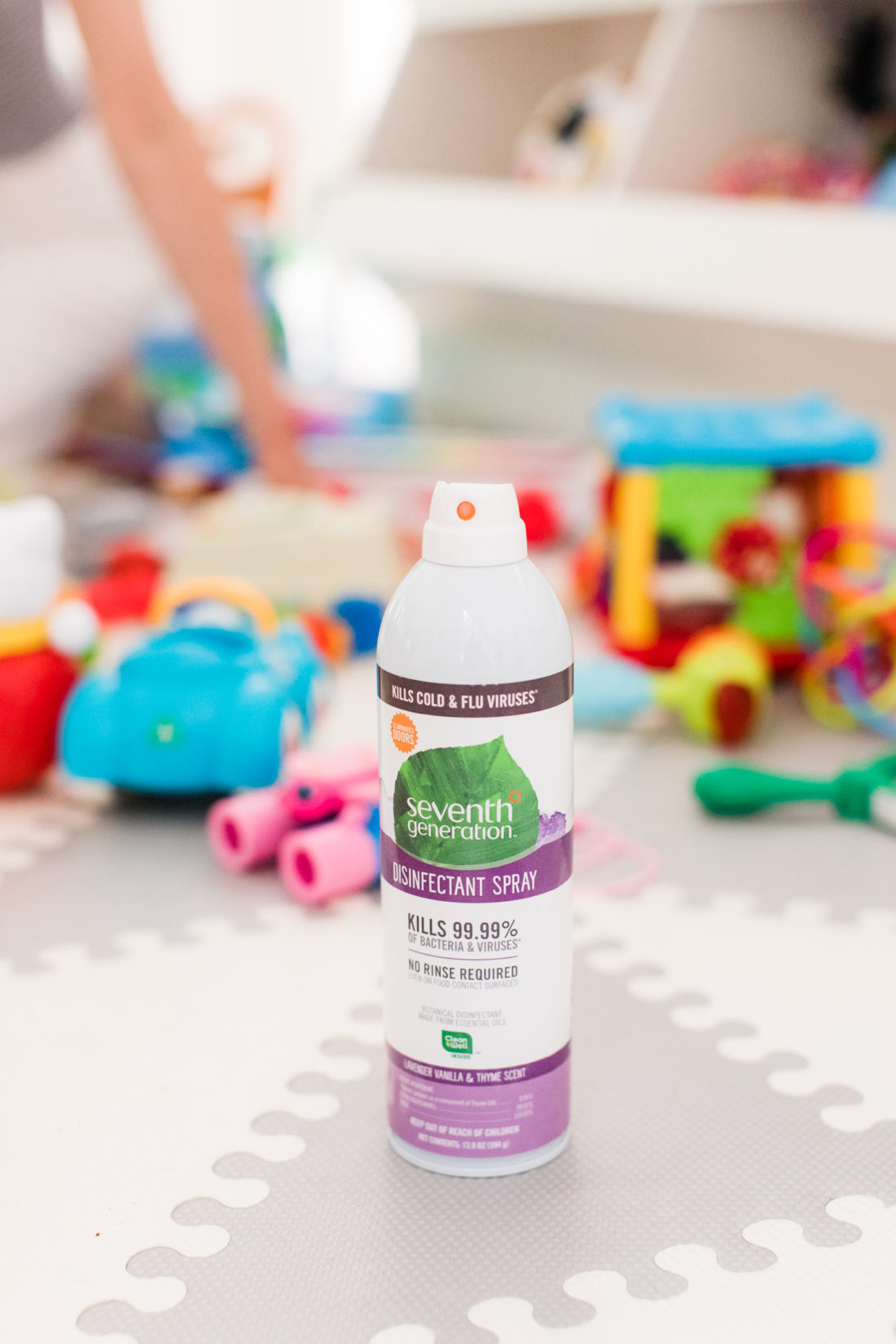 Seventh generation disinfecting spray sits in the play area of Eva Amurri Martino's Connecticut home