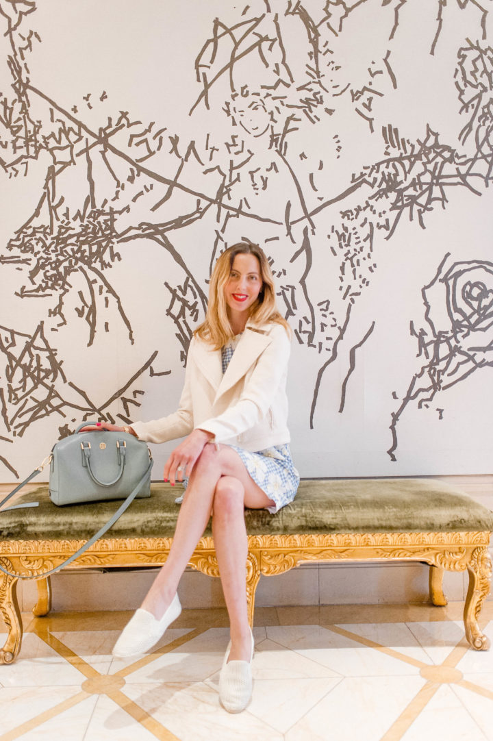 Eva Amurri Martino poses on a gilded bench at the Plaza Hotel in New York City