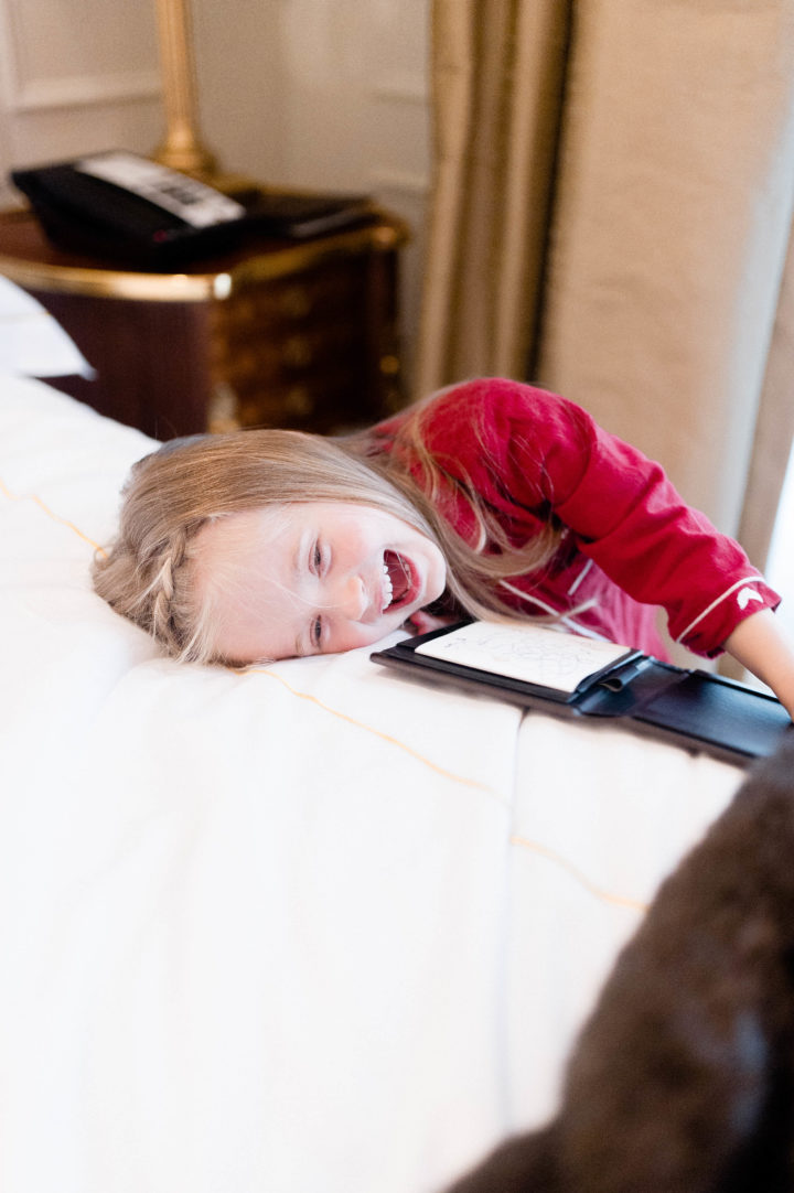 Eva Amurri Martino's daughter Marlowe laughs after ordering roomservice at the Plaza Hotel