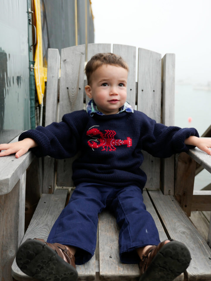 Eva Amurri Martino's son Major in a navy lobster sweater in Bar Harbor, ME.