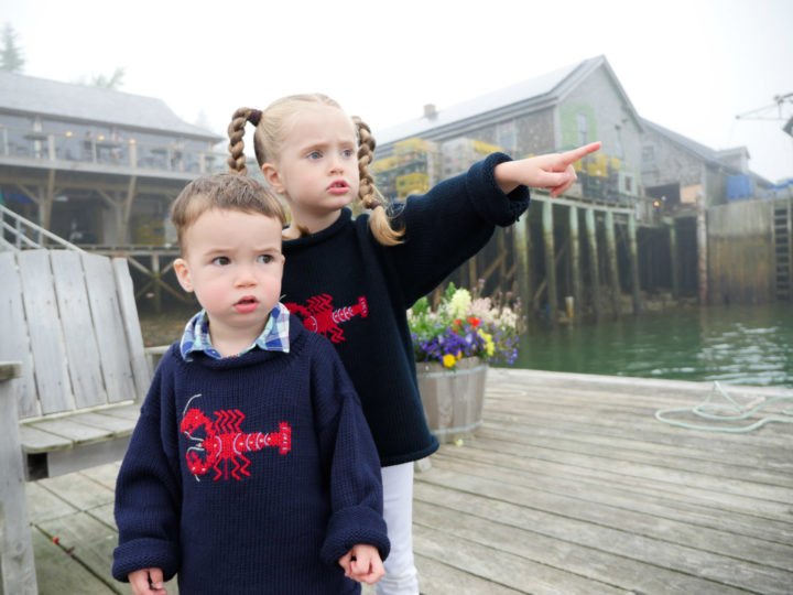 Eva Amurri Martino's kids Marlowe and Major walk around Bar Harbor in matching lobster sweaters.