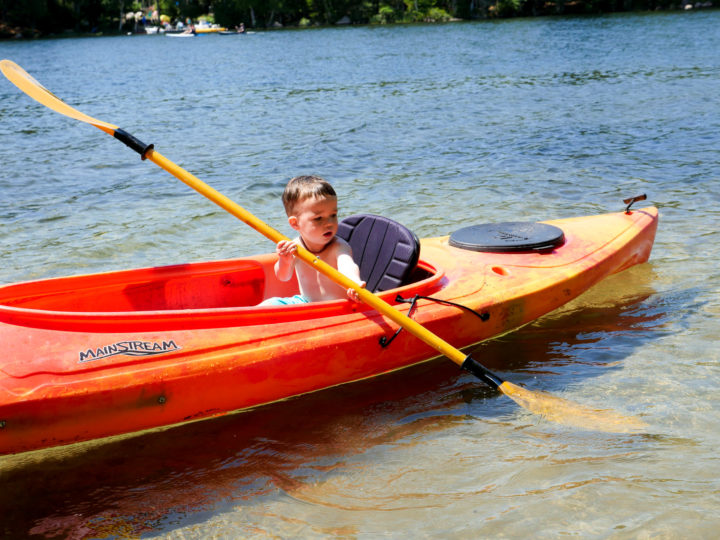 Eva Amurri Martino's son Major sits in a canoe in Bar Harbor, ME.