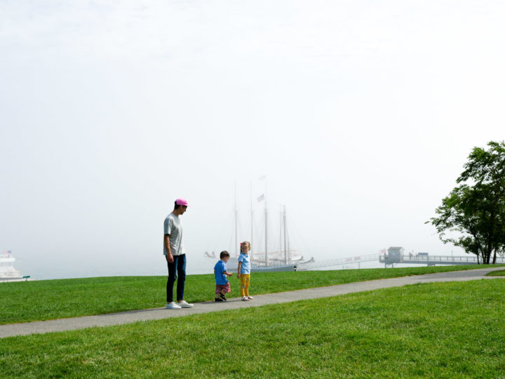 Eva Amurri Martino's husband Kyle and their kids Marlowe and Major hang out in Bar Harbor, ME on a foggy day.