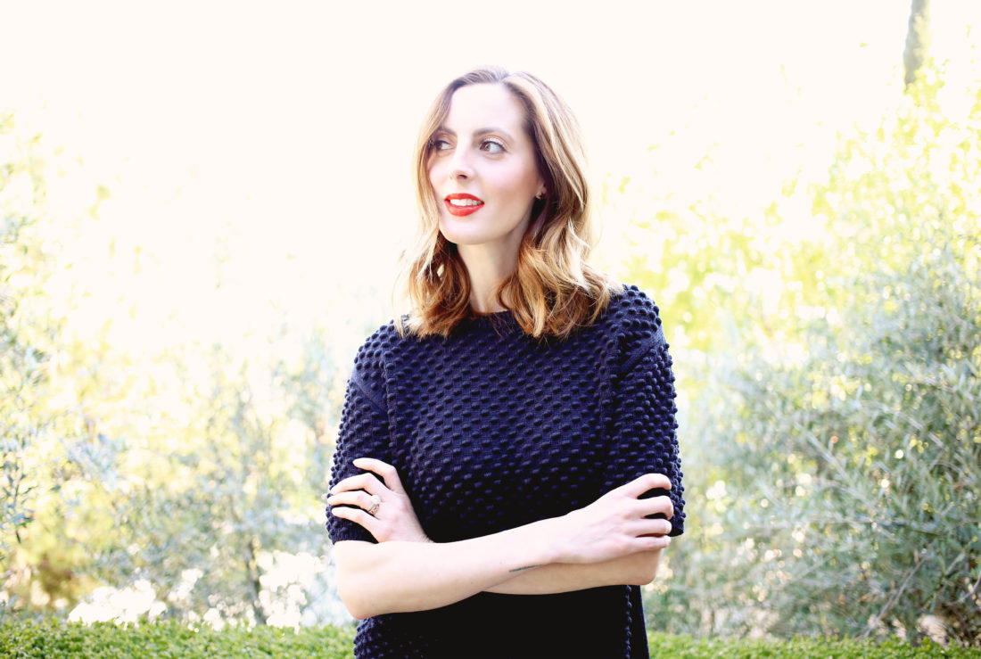 Eva Amurri Martino of the Happily Eva After blog wearing a navy blue tory burch sweater and red lipstick
