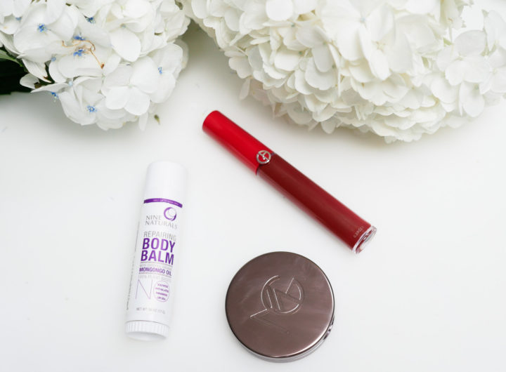 Eva Amurri Martino's monthly beauty picks for Happily Eva After, featuring a liquid lipstick, a blush, and a moisturizing body stick