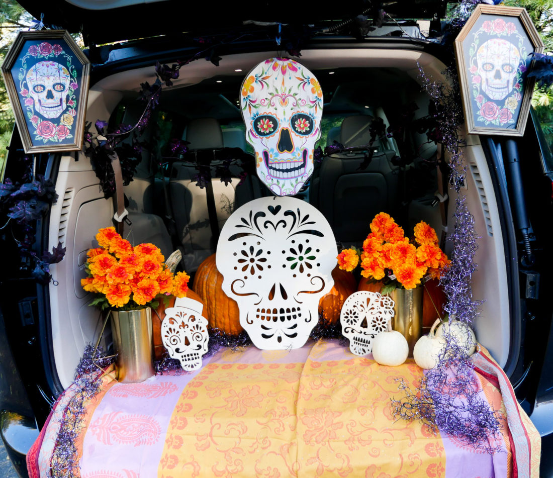 Eva Amurri Martino's decorated trunk for the Trunk-or-Treat party at her daughter's school featuring a Day Of The Dead theme