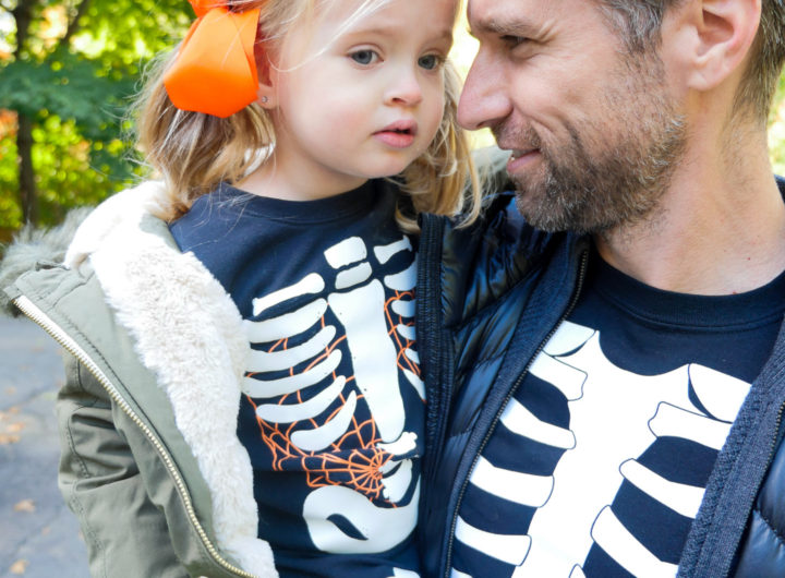 Kyle Martino and Marlowe Martino dressed up as skeletons on halloween