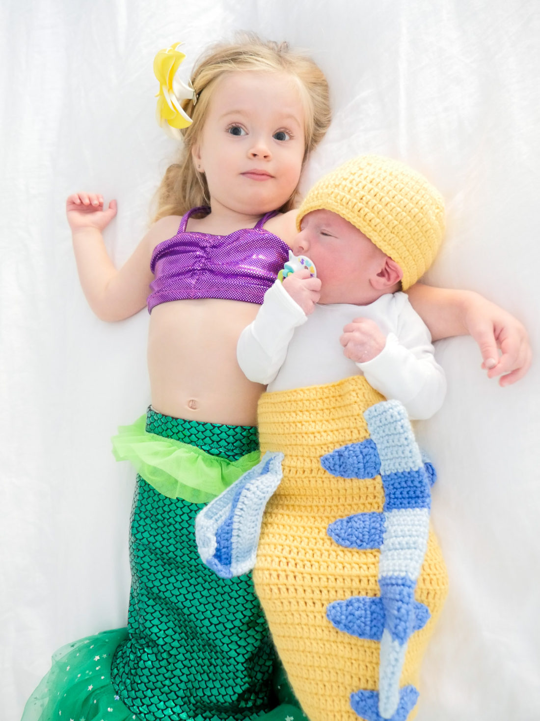 Marlowe Martino and Major Martino dressed as Ariel and Flounder from the Little Mermaid for Halloween