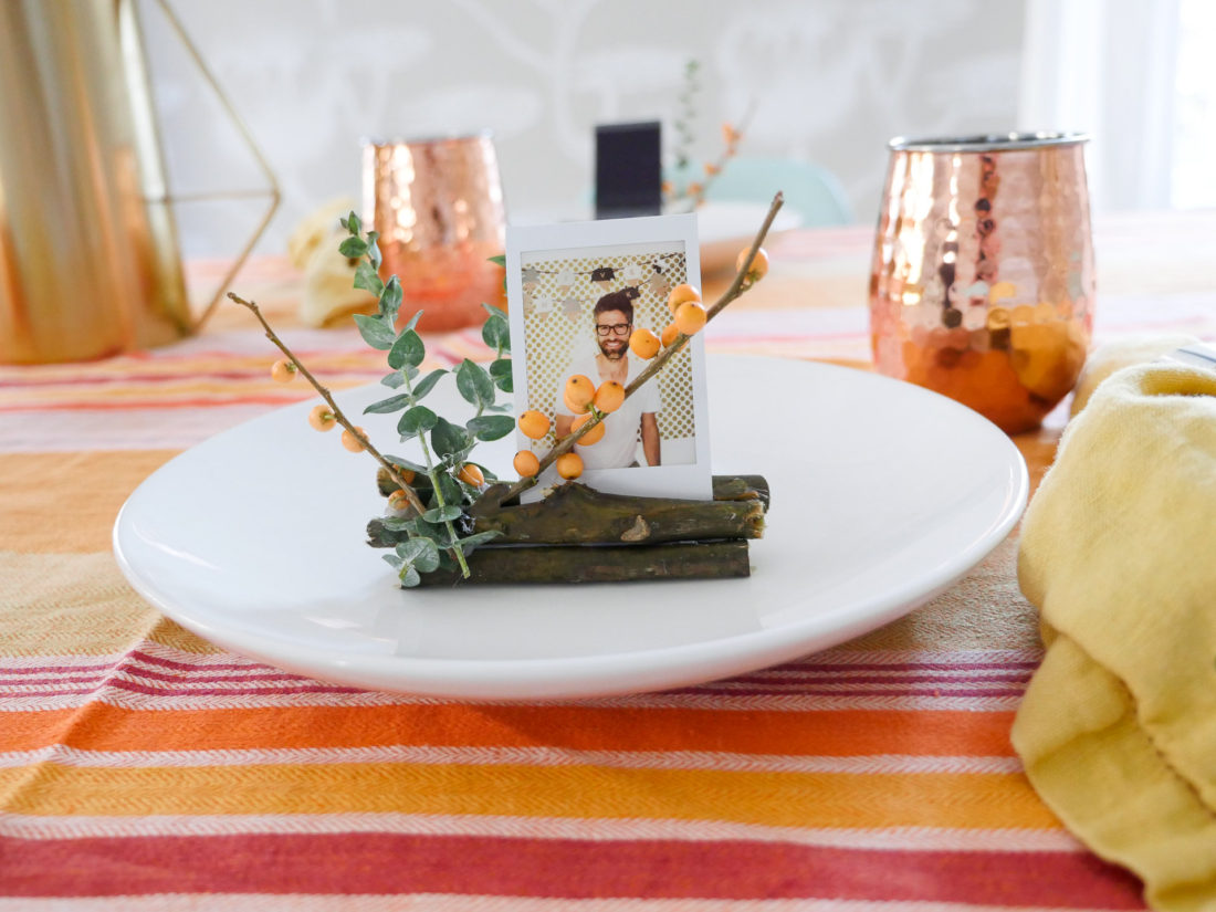 Eva Amurri Martino's fresh and festive Holiday Photo Frame Place card settings using the Instax mini 70