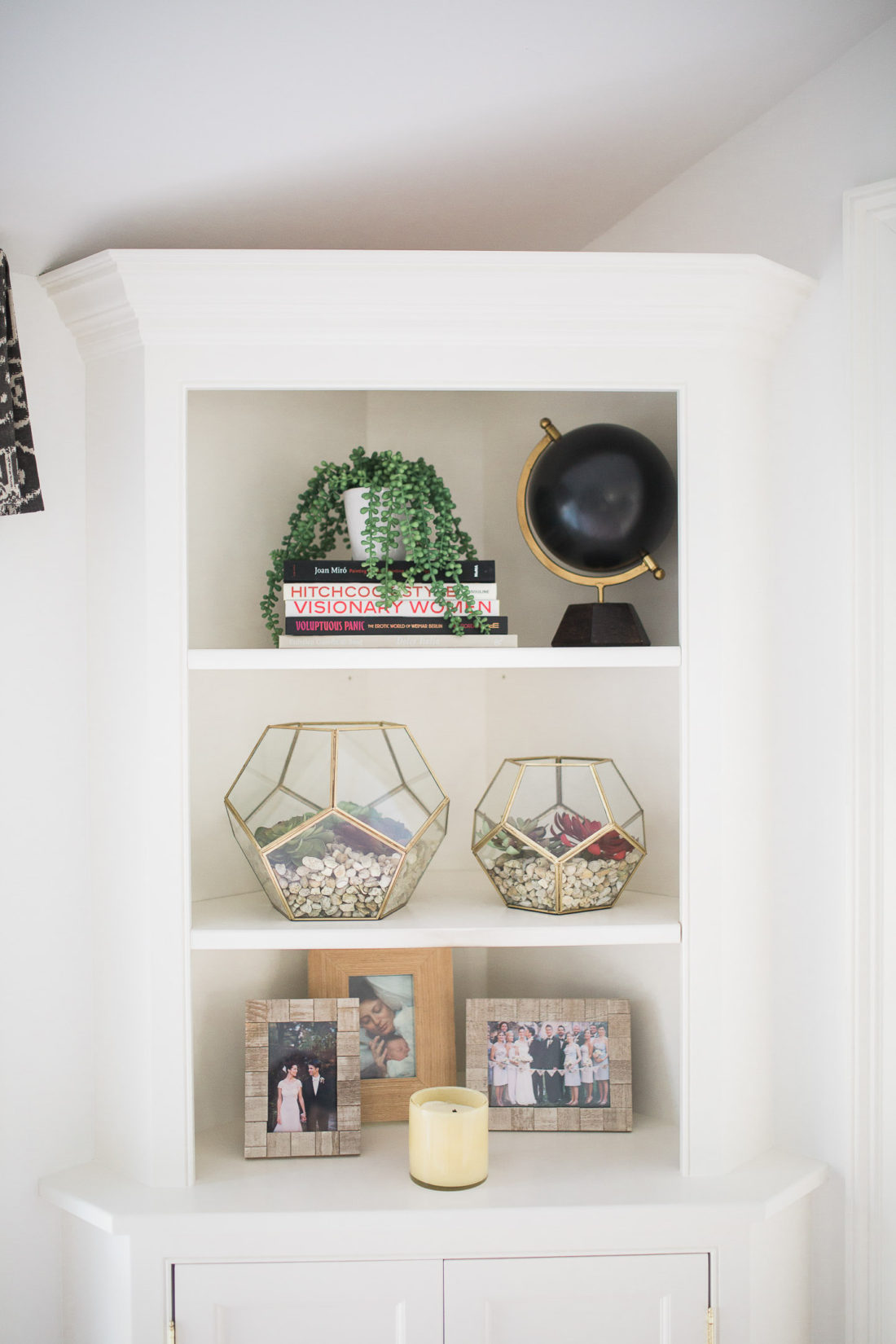 A close up of the shelves in Eva Amurri Martino's black, white, and linen Master Bedroom at her home in Connecticut