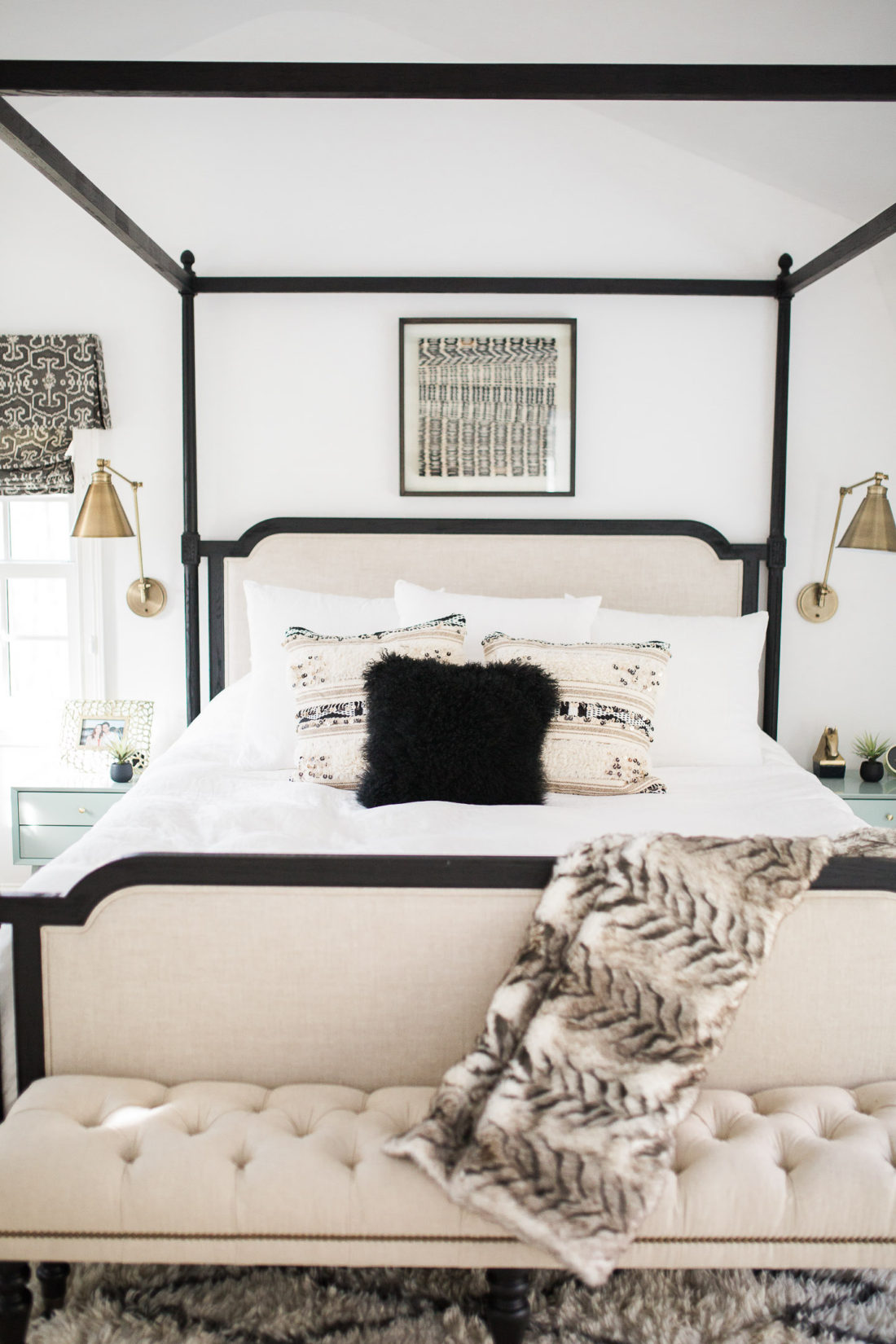 Eva Amurri Martino's black, white, and linen Master Bedroom at her home in Connecticut