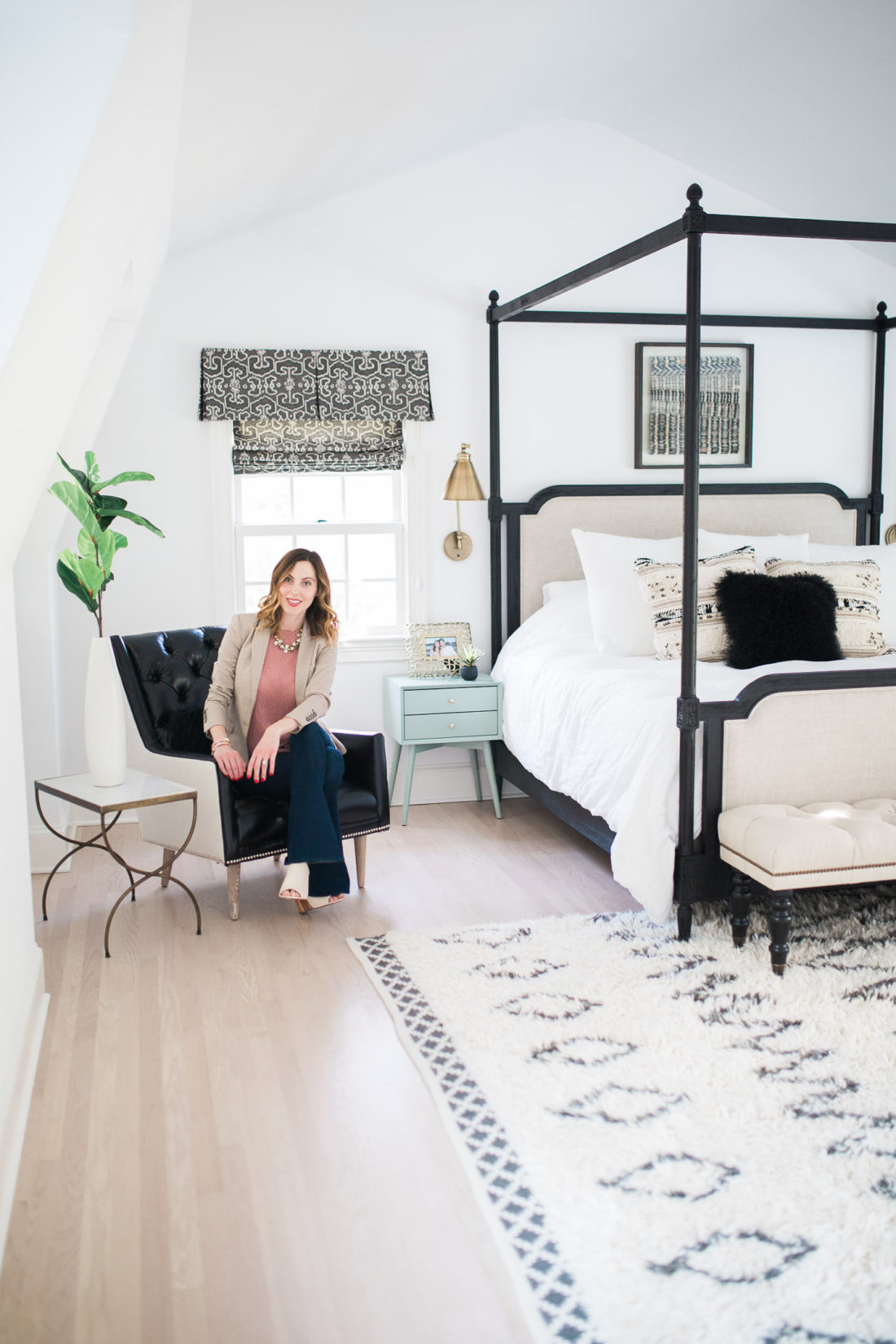 Eva Amurri Martino's black, white, and linen Master Bedroom at her home in Connecticut