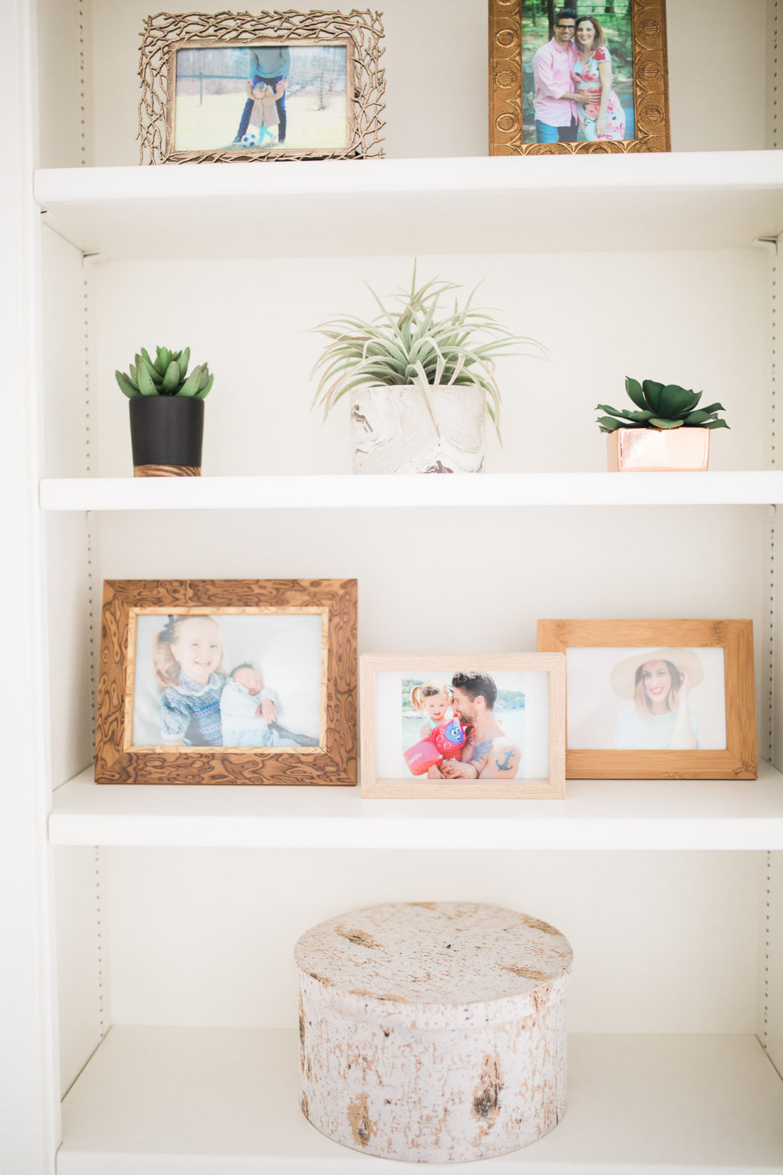 A close up of the shelves in Eva Amurri Martino's black, white, and linen Master Bedroom at her home in Connecticut