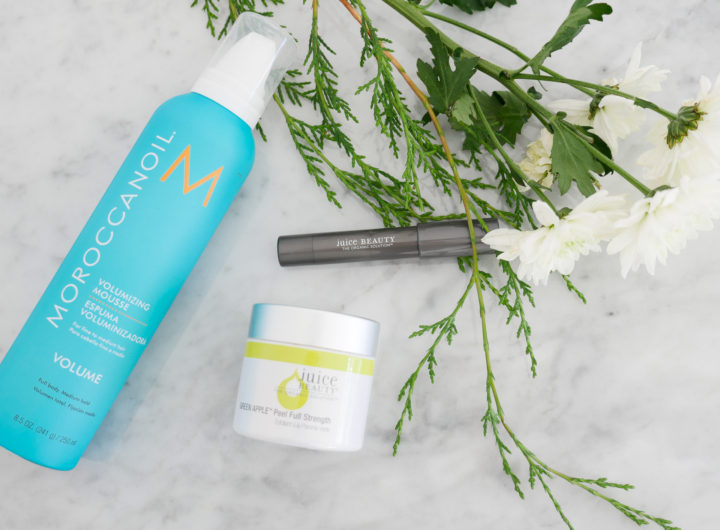 Lifestyle blogger Eva Amurri Martino shows off her monthly beauty picks for december, including Morrocan Oil Volumizing mousse, Juice Beauty Green Apple Peel, and Juice Beauty Luminous Lip Crayon