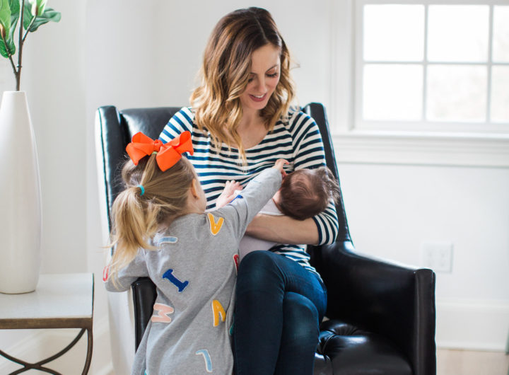 Eva Amurri Martino breastfeeds her newborn son, major, while daughter Marlowe looks on