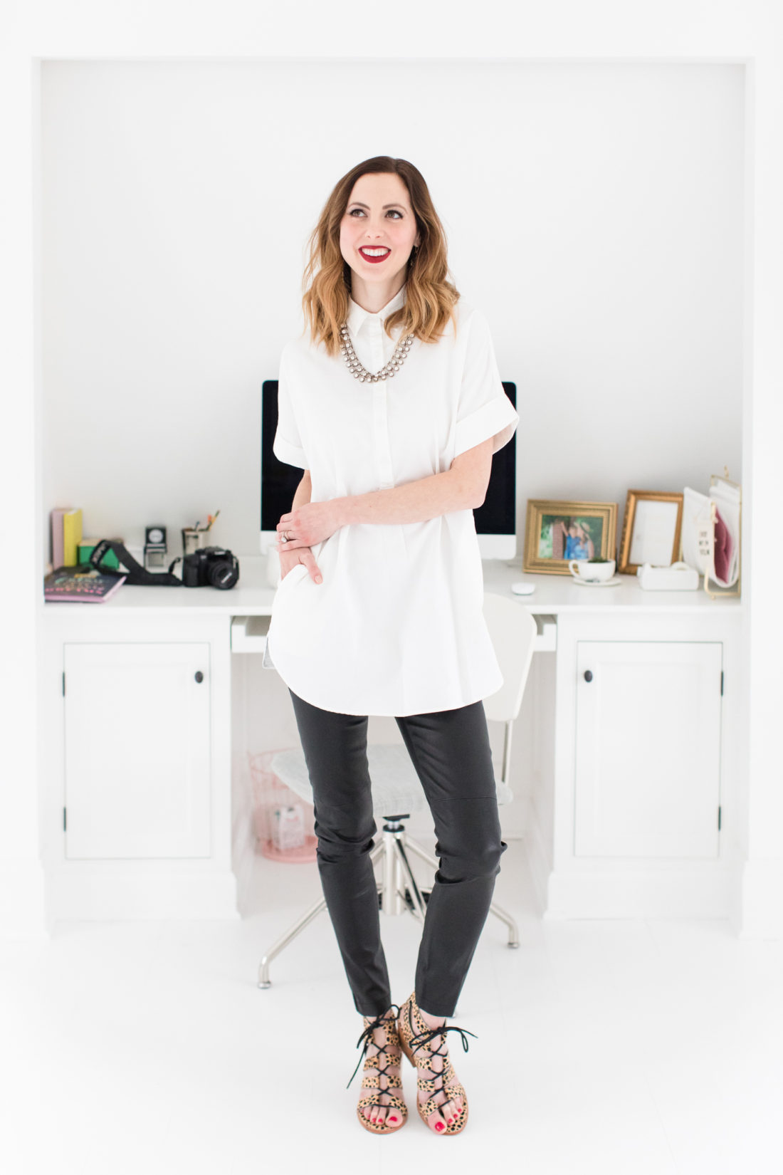 Eva Amurri Martino models a postpartum style guide look in her office in Connecticut