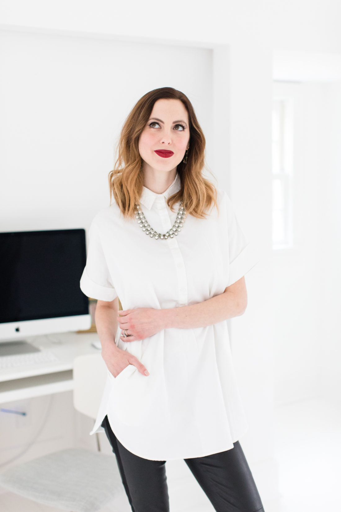 Eva Amurri Martino models a postpartum style guide look in her office in Connecticut