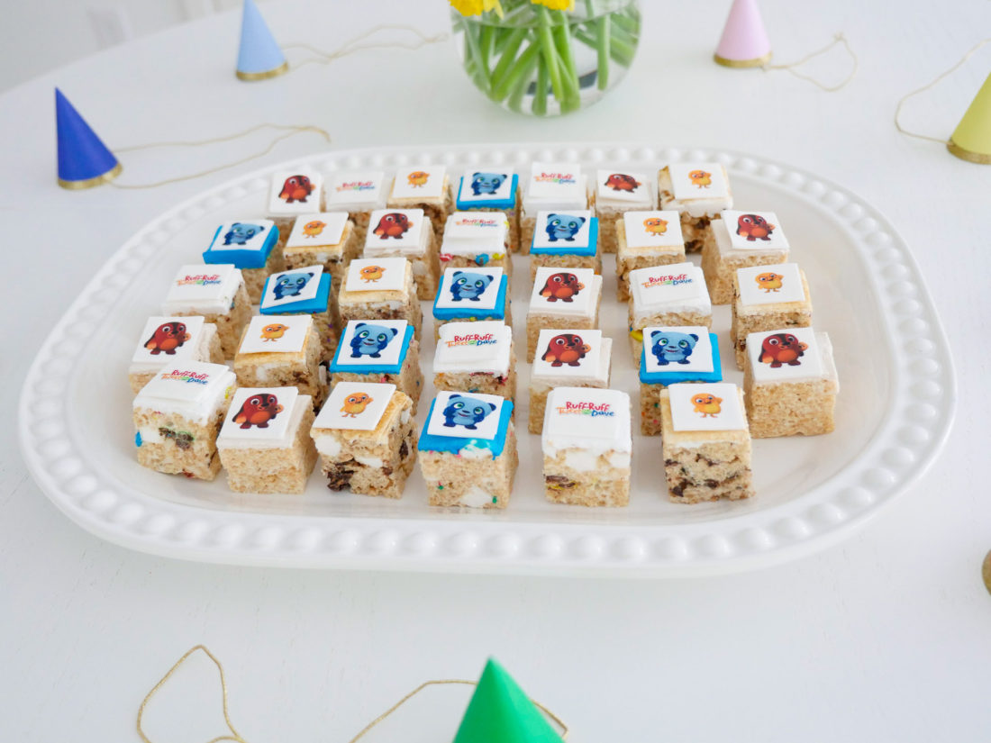 ruff-ruff, tweet and dave themed rice krispie treat bites!