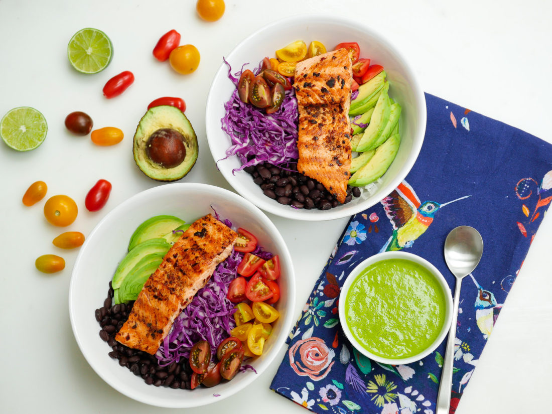 Eva Amurri Martino shares the recipe for her mexican spice-rubbed salmon bowls with a cilantro-lime vinaigrette