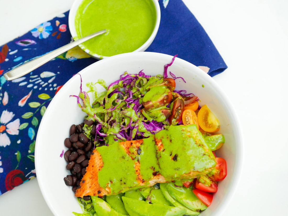 Eva Amurri Martino's Mexican Spice-Rubbed Salmon Bowl doused in Cilantro Lime Vinaigrette