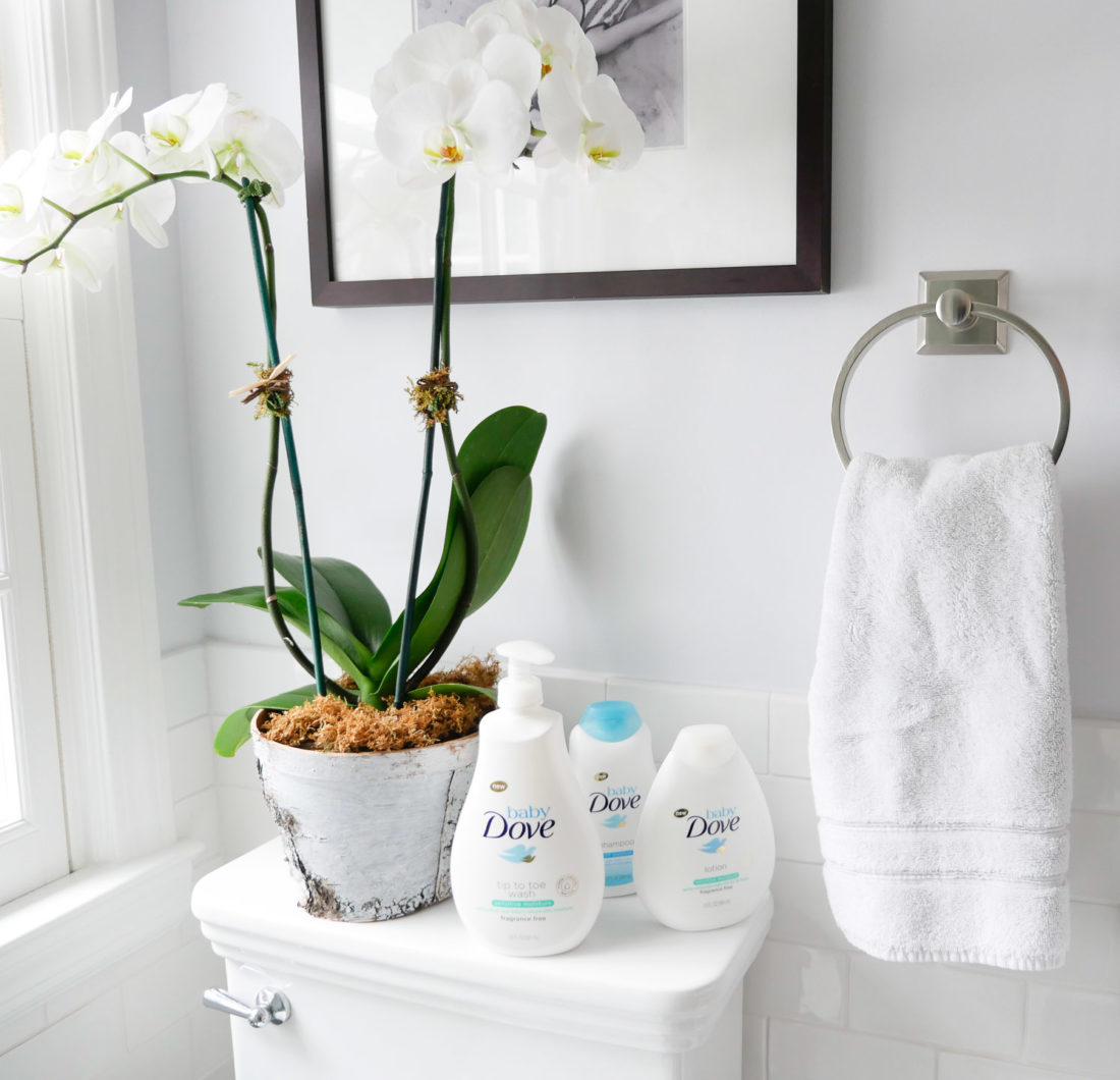Baby Dove bath product sits in the bathroom next to a potted orchid in Eva Amurri Martino's Connecticut home