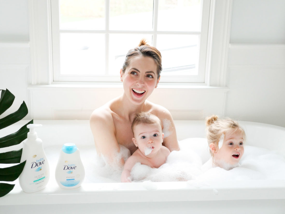 Eva Amurri Martino takes a bubble bath with her two babies and baby dove bath product