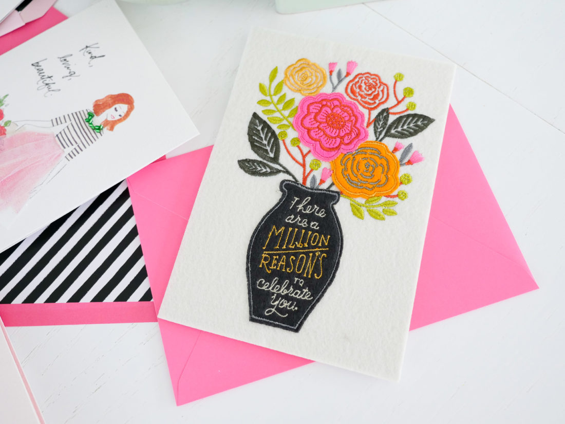 Details of a colorful, embroidered Hallmark Signature Mother's Day card