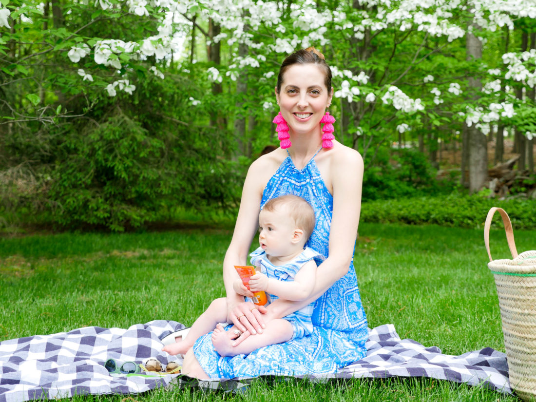 Eva Amurri Martino sits on a picnic blanket with her seven month old son, Major