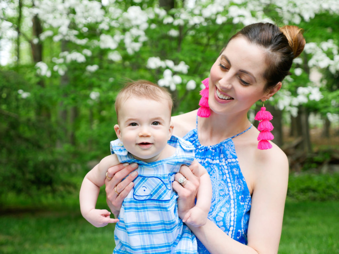 Eva Amurri Martino sits with Seven month old son, Major, outdoors near their home in Connecticut