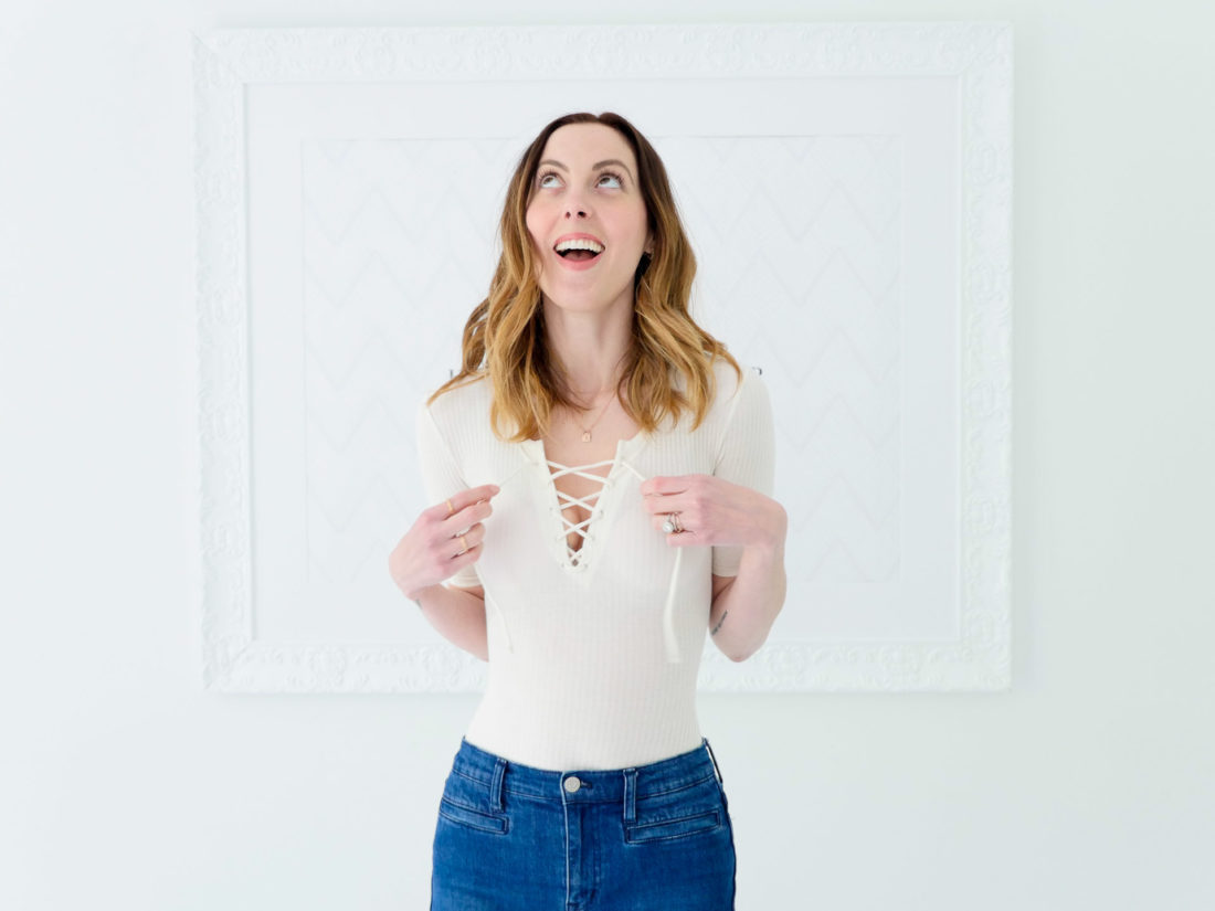 Eva Amurri Martino wears an off-white lace up Madewell body suit as part of her monthly obsessions roundup
