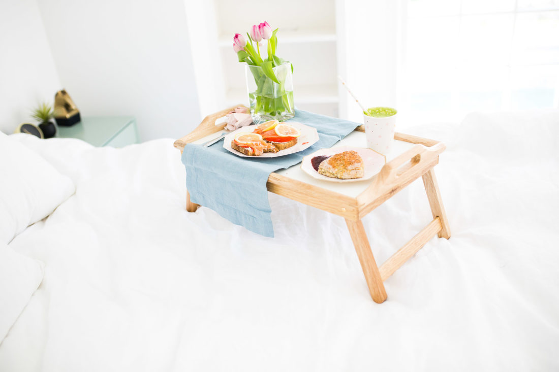 A breakfast tray is decked out with a yummy and healthy Mother's Day breakfast