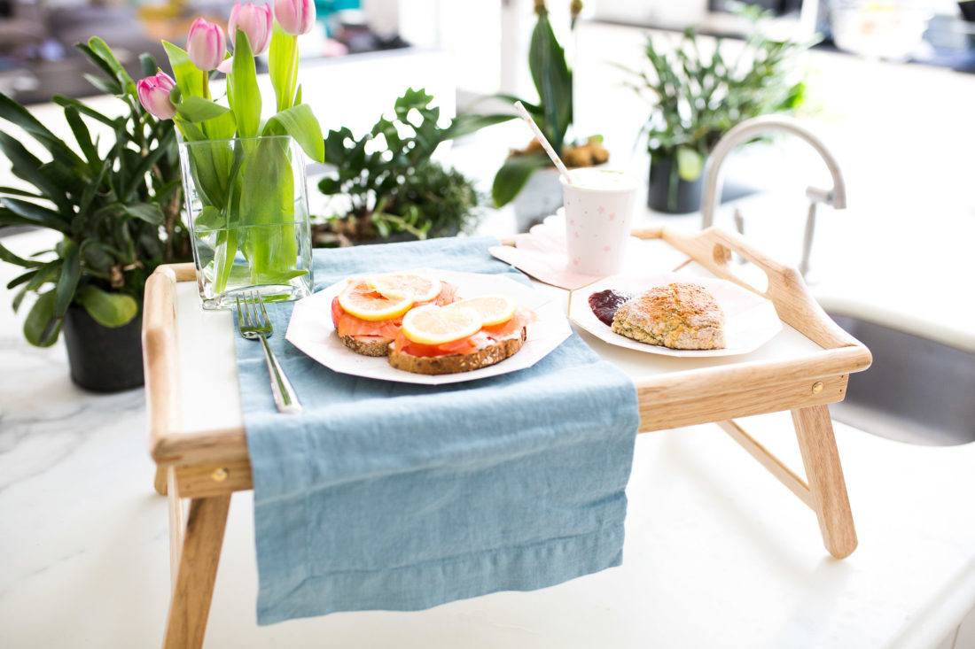 An easy and delicious mother's day breakfast sits on a tray ready for bed!