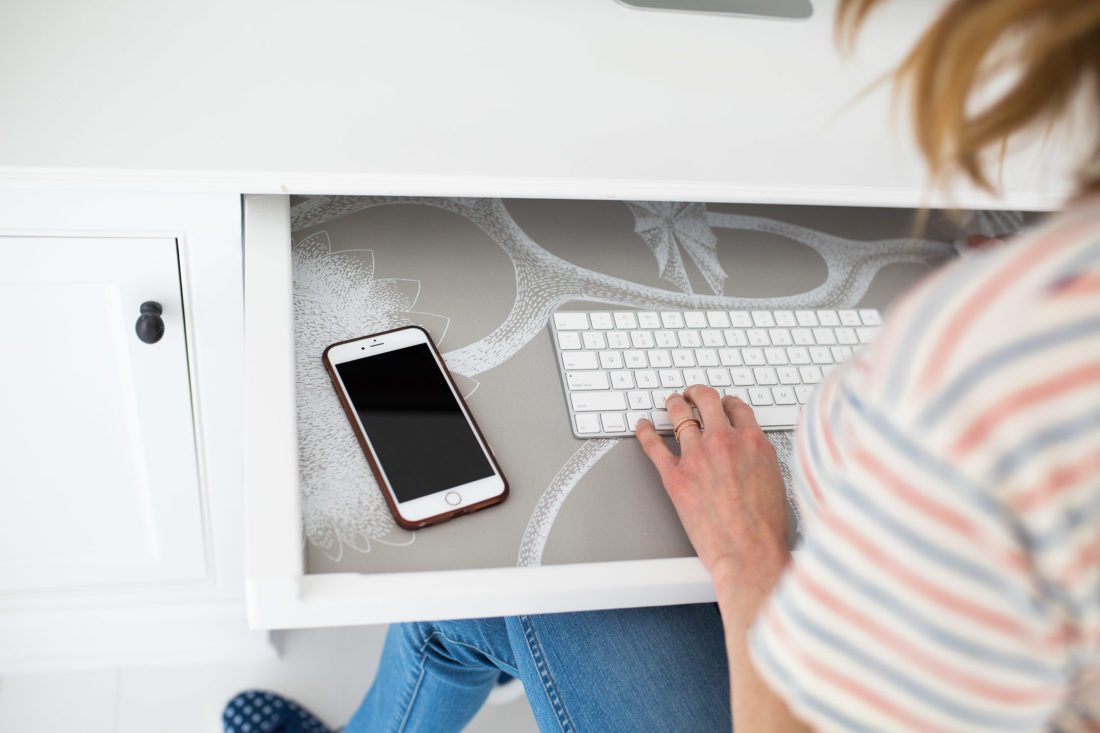 Eva Amurri Martino's keyboard rests on a bit of patterned wallpaper