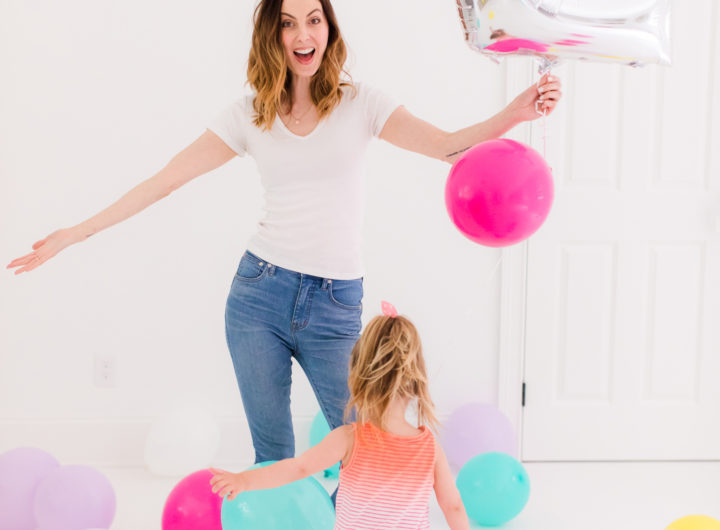 Eva Amurri Martino stands in the Happily Eva After studio filled with balloons to celebrate the second anniversary of the blog