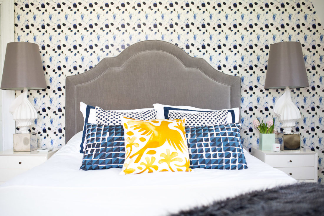 A detailed shot of the classic blue and white linens in the freshly revamped guest bedroom of Eva Amurri Martino's Connecticut home