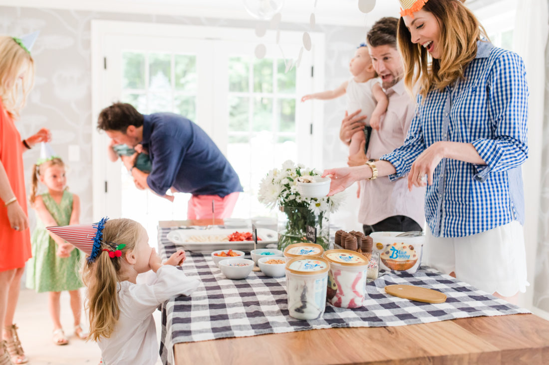 Eva Amurri Martino, her husband, children, and friends gather to celebrate a festive ice cream social with blue bunny ice cream