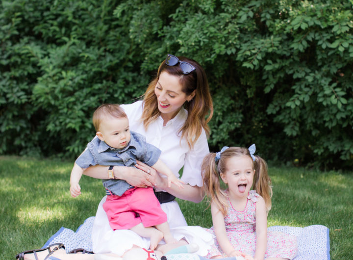 Eva Amurri Martino of lifestyle and motherhood blog Happily Eva After relaxes on a picnic blanket with her two children Marlowe and Major