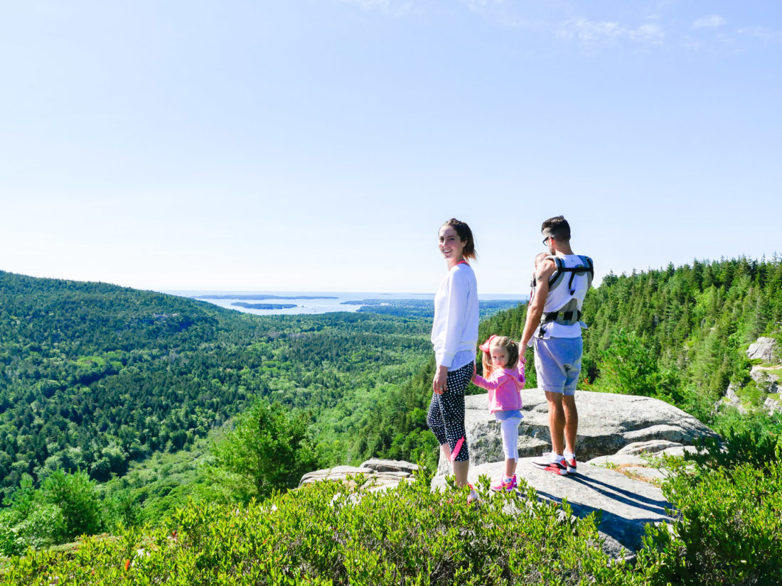 Kyle, Eva, Marlowe, and Major Martino pause at a scenic overlook while on a hike in Bar Harbor Maine