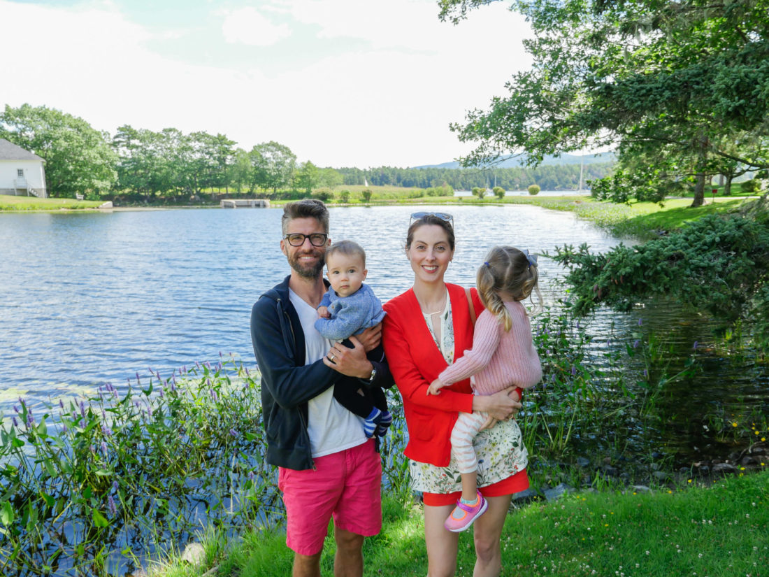 Eva Amurri Martino, Kyle Martin, and Marlowe and Major Martino stand together in front of a lake in Bar Harbor, Maine