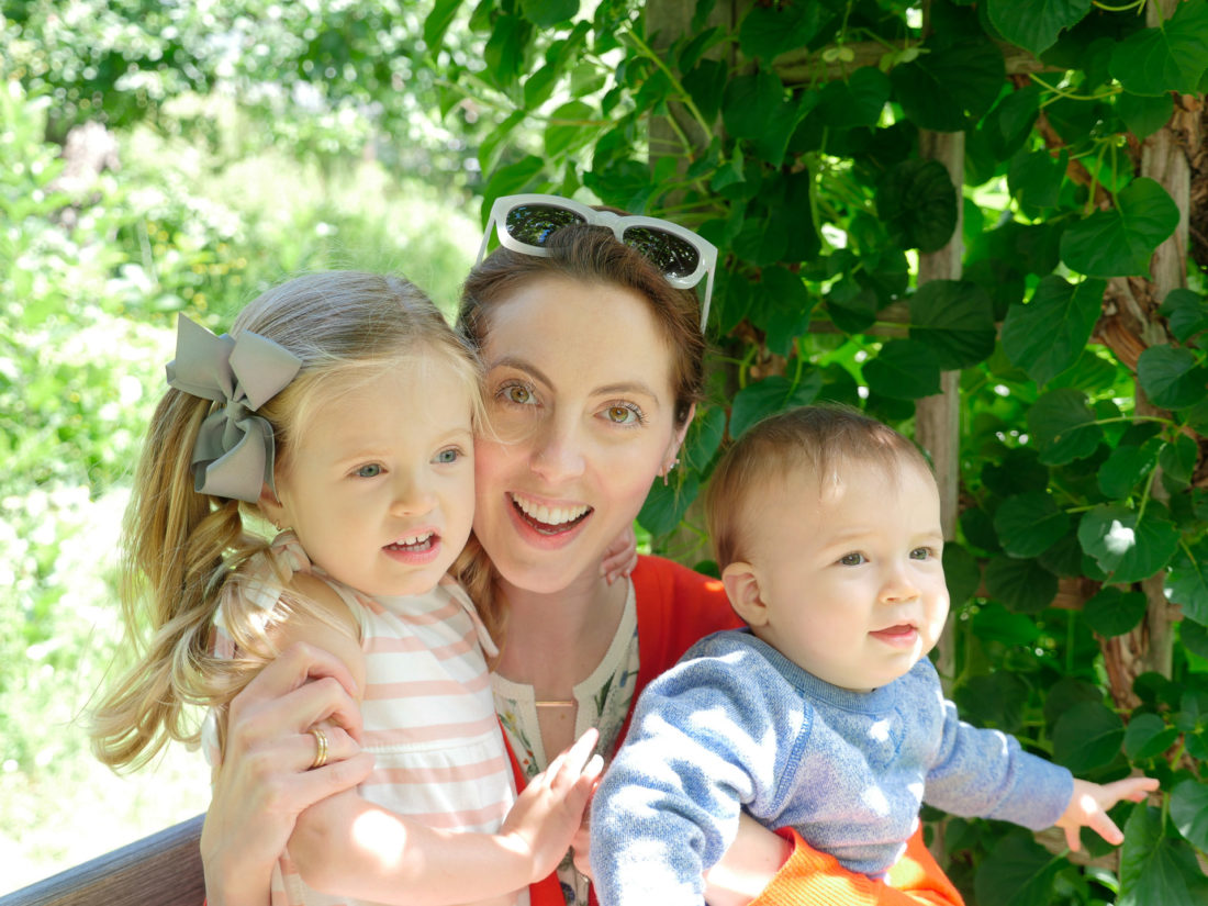 Eva Amurri Martino sits on a bench with daughter marlowe and son Major in Bar Harbor Maine