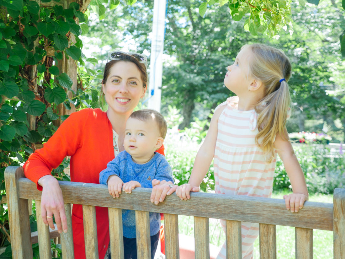 Eva Amurri Martino sits on a bench with daughter marlowe and son Major in Bar Harbor Maine