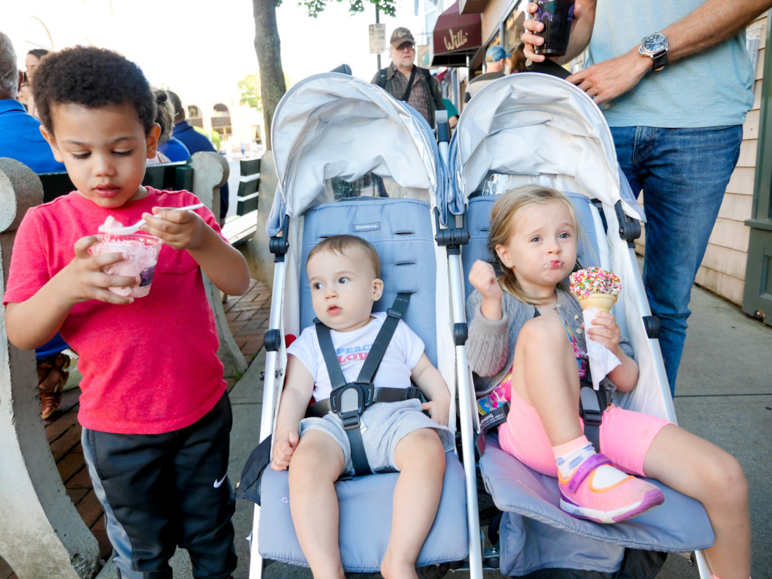 Marlowe and Major Martino sit in the stroller through downtown Bar Harbor while eating ice cream cones