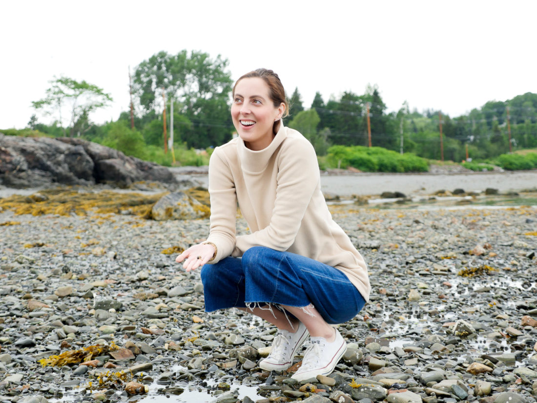 Eva Amurri Martino explores tidal pools with two year old daughter Marlowe on the beach in Maine