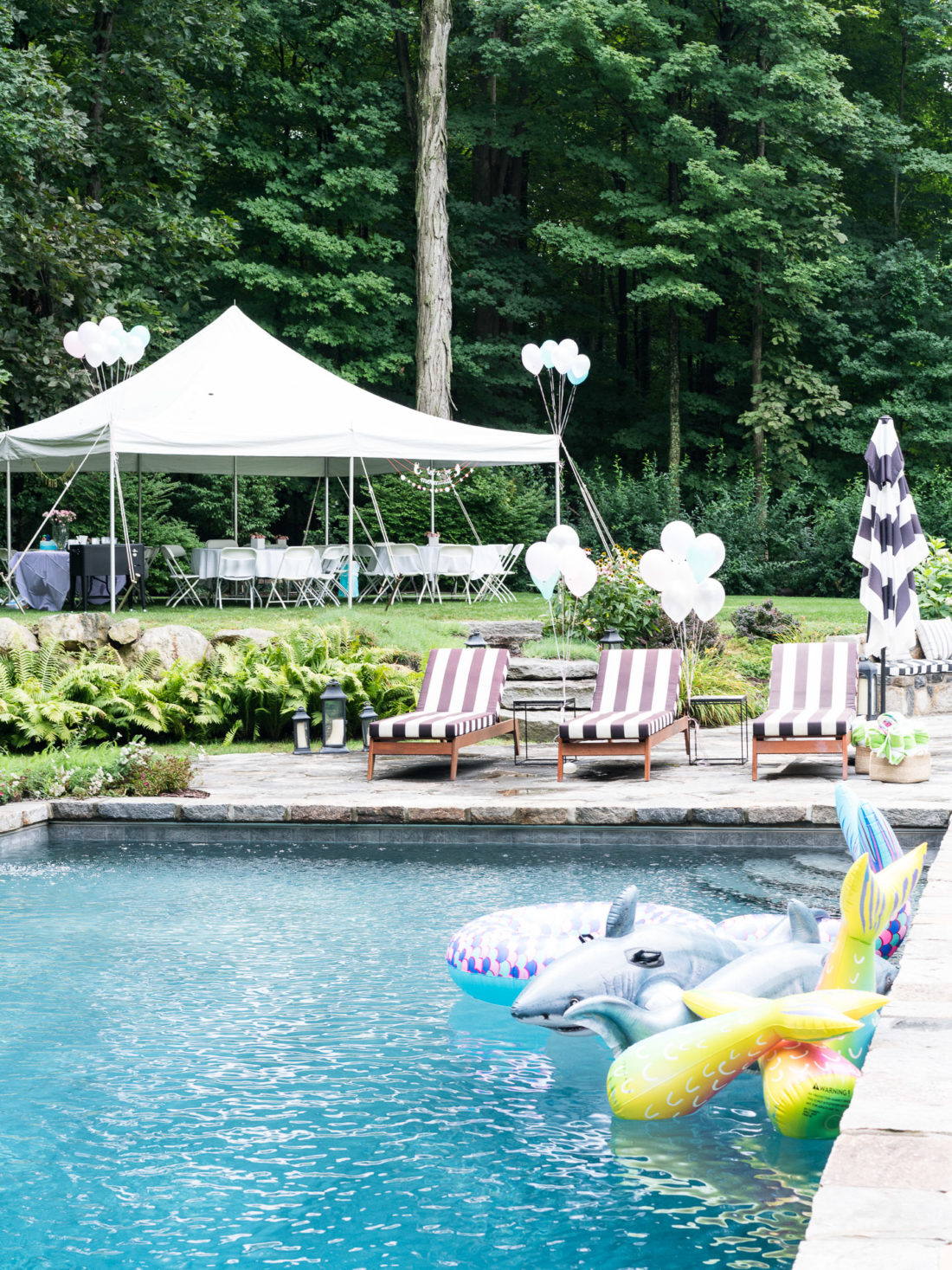 Eva Amurri Martino decorates the backyard of her Connecticut home for daughter Marlowe's 3rd birthday party with a Sharks vs. Mermaids theme