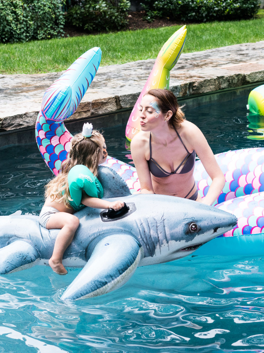 Eva Amurri Martino plays with daughter Marlowe Martino in the pool at Marlowe's third birthday party