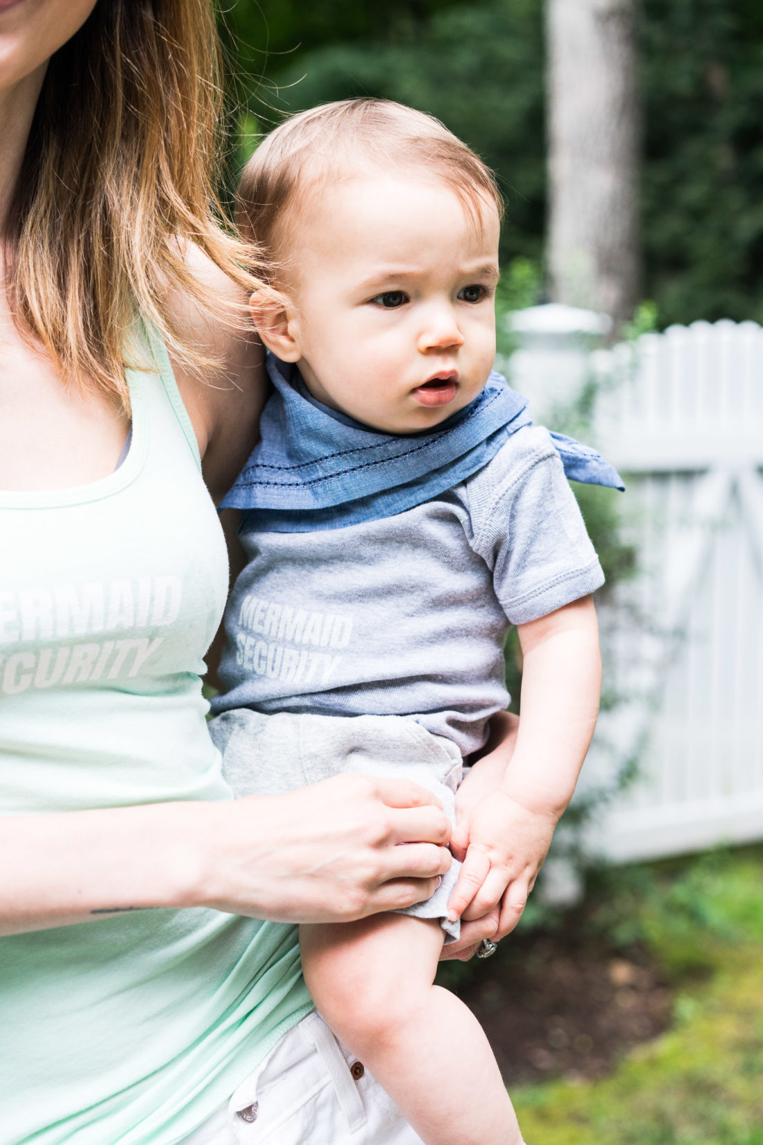 Eva Amurri Martino and Major Martino wear "Mermaid Security" shirts, designed using The Happily App