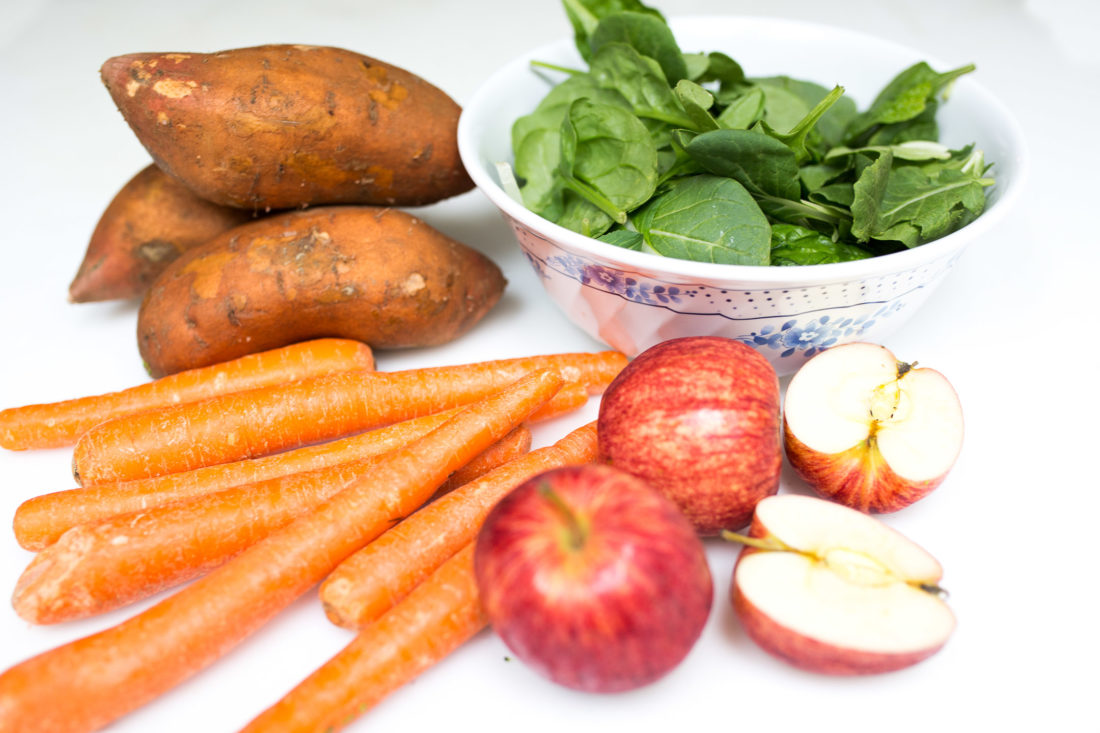 Organic fruits and vegetables on the counter of Eva Amurri Martino's kitchen as she prepares to make big batches of baby food