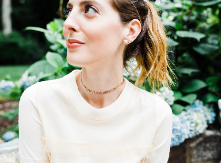 Eva Amurri Martino wears a champagne colored sweater top and a gold Argento Vivo choker