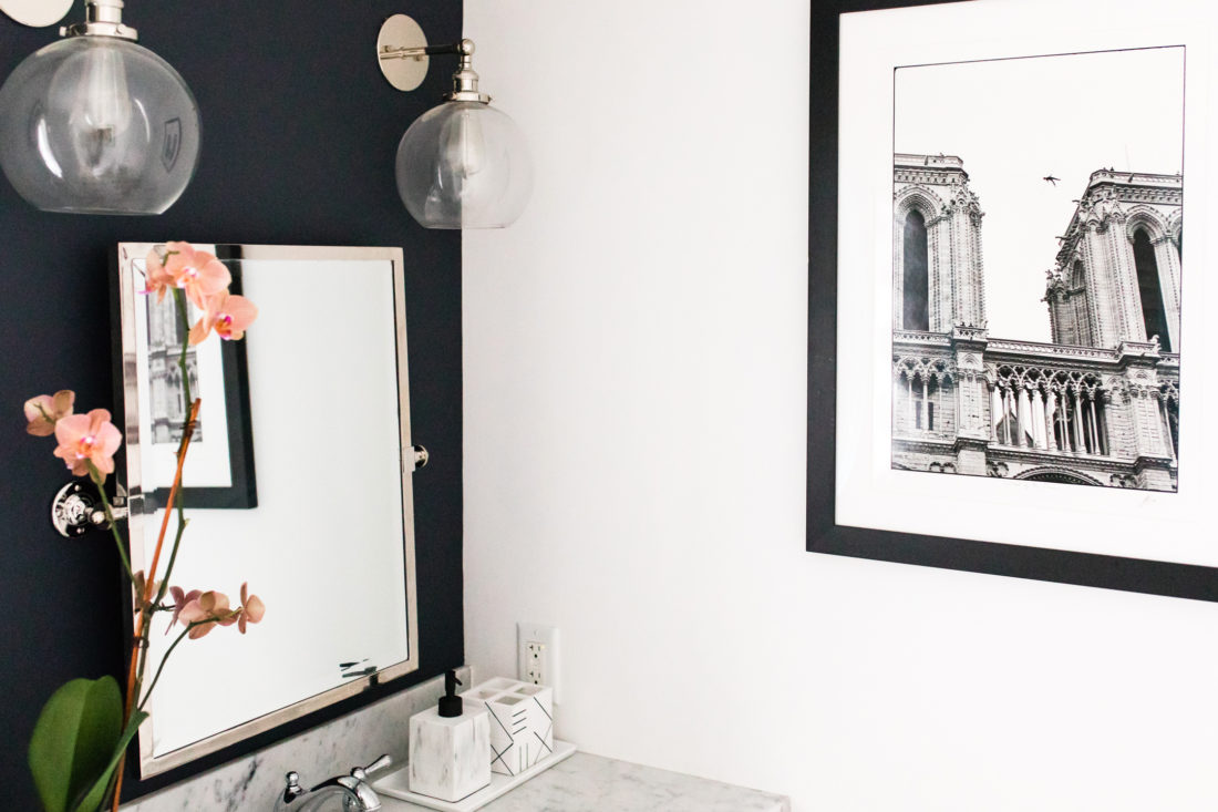Eva Amurri Martino shares the full redesign of her black, white, and grey concept powder room in her Connecticut home