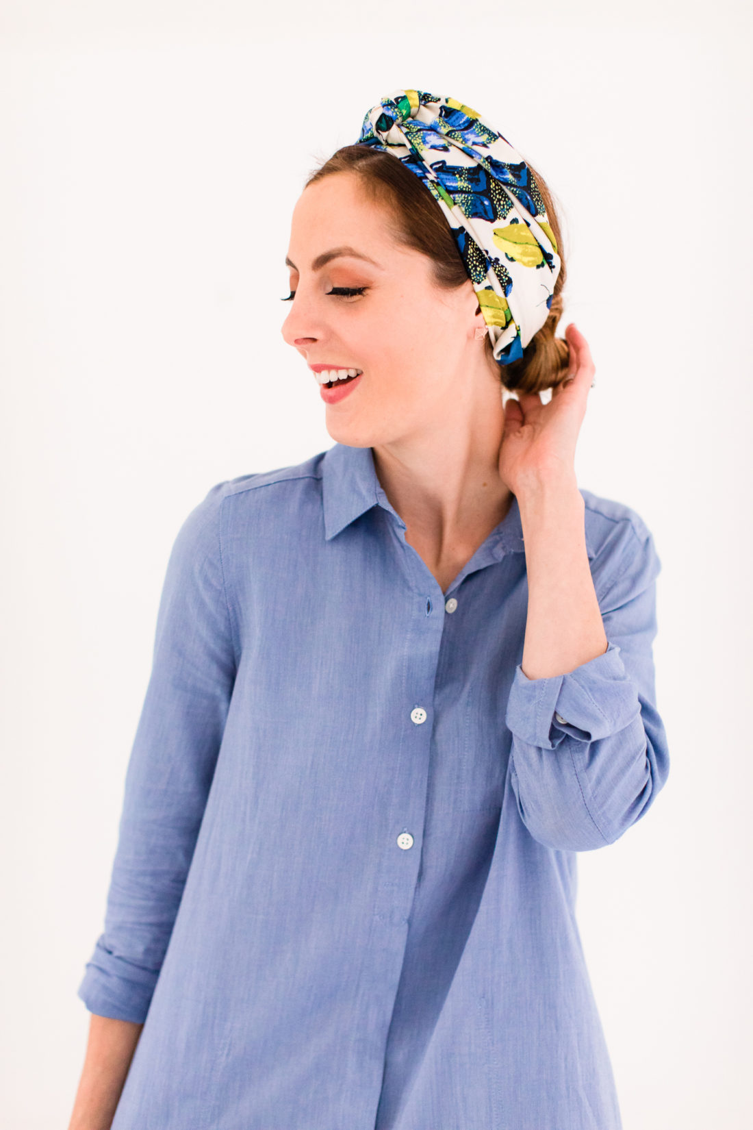 Eva Amurri Martino wears a long skinny printed silk scarf tied around head like a turban